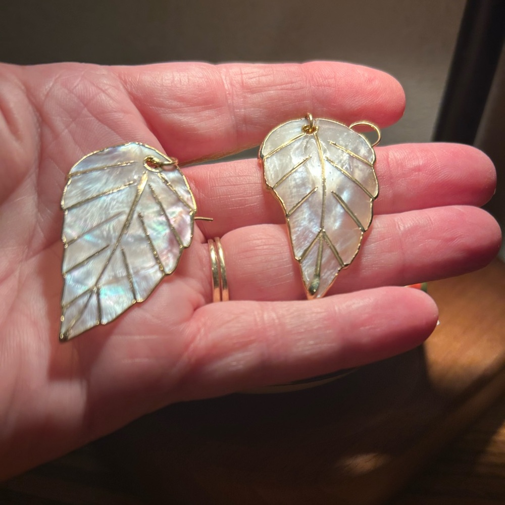 Iridescent Seashell Leaf Earrings with Gold Trim